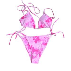 Zanful Pink Tie Dye Print Hot Pink Strappy Bikini Size Large